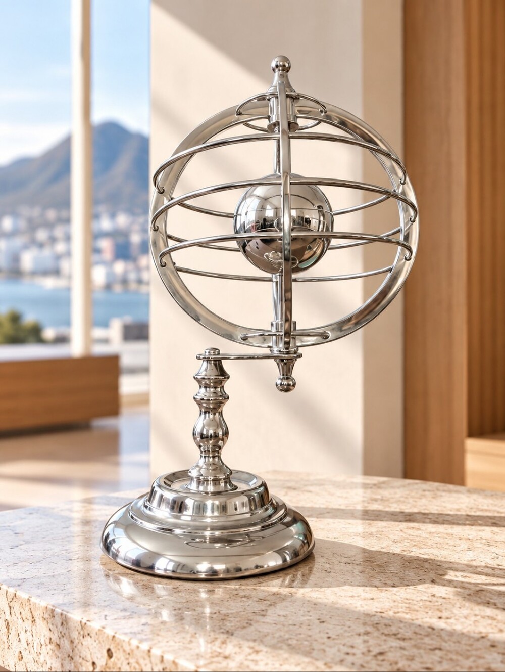 Silver Chrome Armillary Sphere Rotating Celestial Globe Desk Decor 11"